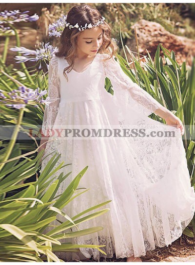 A-Line/Princess Long Sleeves V-neck Lace Floor-Length First Communion Dresses / Flower Girl Dresses