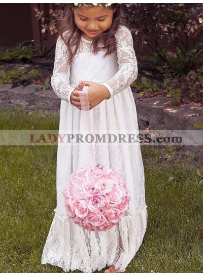 A-Line/Princess Long Sleeves Jewel Bowknot Lace Floor-Length First Communion Dresses / Flower Girl Dresses