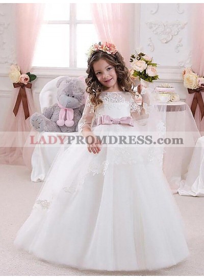 Ball Gown Jewel 1/2 Sleeves Lace Floor-Length Tulle First Communion Dresses / Flower Girl Dresses