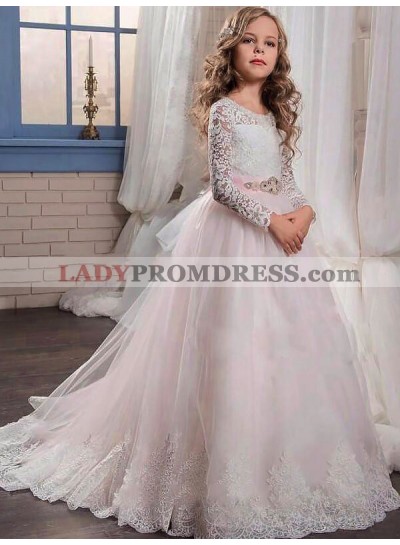 Ball Gown Jewel Long Sleeves Lace Floor-Length Tulle First Communion Dresses / Flower Girl Dresses
