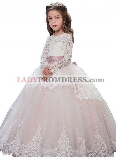 Ball Gown Jewel Long Sleeves Lace Floor-Length Tulle First Communion Dresses / Flower Girl Dresses 2023COMM-7320