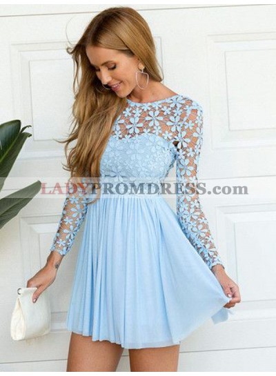 A-Line Princess Scoop Long Sleeves Lace Short Chiffon Homecoming Dresses