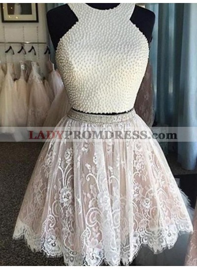 A-Line Princess Sleeveless Halter Pearls Short Lace Two Piece Homecoming Dresses