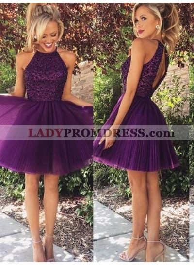 A-Line Princess Halter Sleeveless Beading Short Tulle Dresses