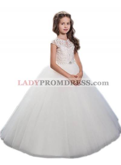 Ball Gown Scoop Sleeveless Beading Floor-Length Tulle First Communion Dresses / Flower Girl Dresses