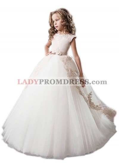 Ball Gown Scoop Tulle Applique Floor-Length Sleeveless First Communion Dresses / Flower Girl Dresses