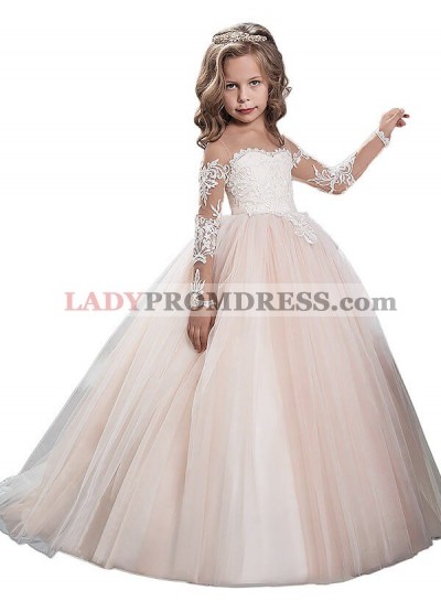 Ball Gown Scoop Long Sleeves Floor-Length Tulle First Communion Dresses / Flower Girl Dresses 2023COMM-7293