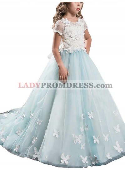 A-line/Princess Scoop Short Sleeves Lace Tulle Floor-Length First Communion Dresses / Flower Girl Dresses