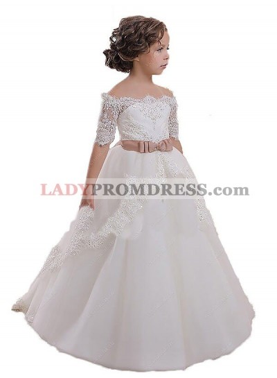 Ball Gown Off-the-Shoulder Short Sleeves Sash/Ribbon/Belt Tulle First Communion Dresses / Flower Girl Dresses