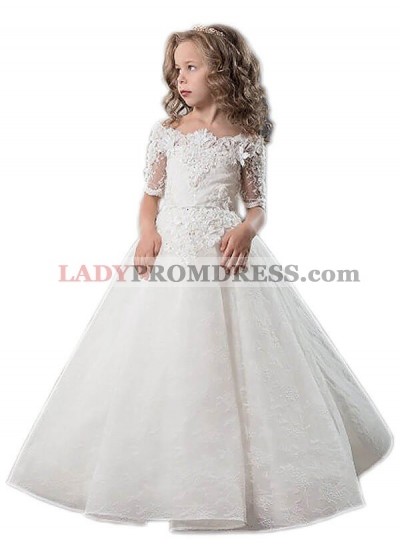 Ball Gown Short Sleeves Off-the-Shoulder Applique Satin Floor-Length First Communion Dresses / Flower Girl Dresses