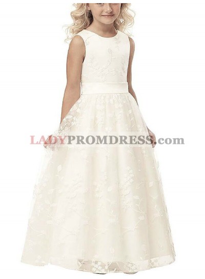 A-line/Princess Scoop Sleeveless Applique Tulle Floor-Length First Communion Dresses / Flower Girl Dresses