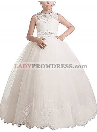 Ball Gown Sleeveless Scoop Sash/Ribbon/Belt Floor-Length Tulle First Communion Dresses / Flower Girl Dresses 2023COMM-7306