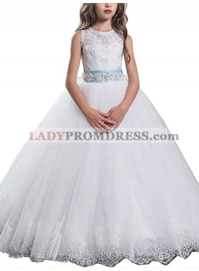 Ball Gown Scoop Sleeveless Applique Floor-Length Tulle First Communion Dresses / Flower Girl Dresses