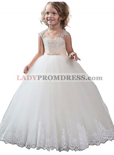 Ball Gown Scoop Sleeveless Applique Tulle Floor-Length First Communion Dresses / Flower Girl Dresses