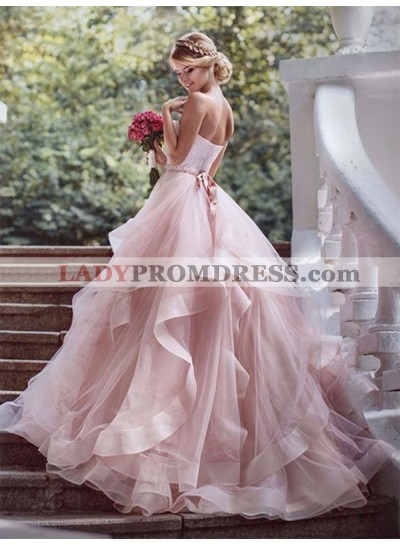 Tiers Ruffle Sweetheart Blushing Pink Sleeveless Organza Backless Wedding Dresses