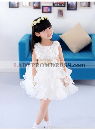 A-line/Princess Scoop Sleeveless Hand-made Flower Short Organza First Communion Dresses / Flower Girl Dresses