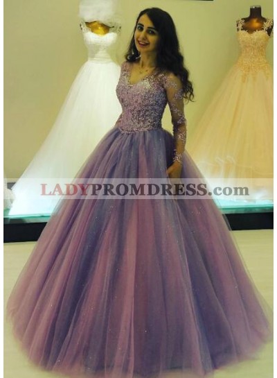 Elegant Ball Gown V Neck Tulle Long Sleeves Prom Dresses