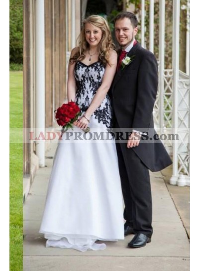 2023 A Line Organza White With Black Sweetheart Wedding Dresses
