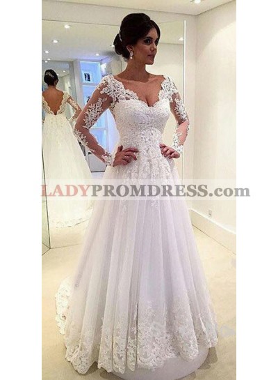 Cheap A Line Long Sleeves V Neck Tulle With Appliques 2023 Wedding Dresses