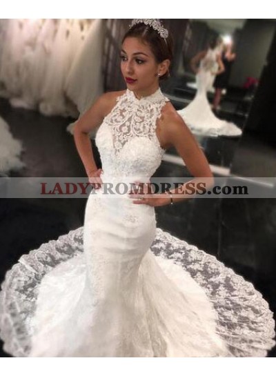 2023 New Mermaid High Neck Sweep Train Lace Wedding Dresses