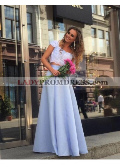 Cheap A-Line/Princess Satin Light Sky Blue Two Pieces 2023 Prom Dresses