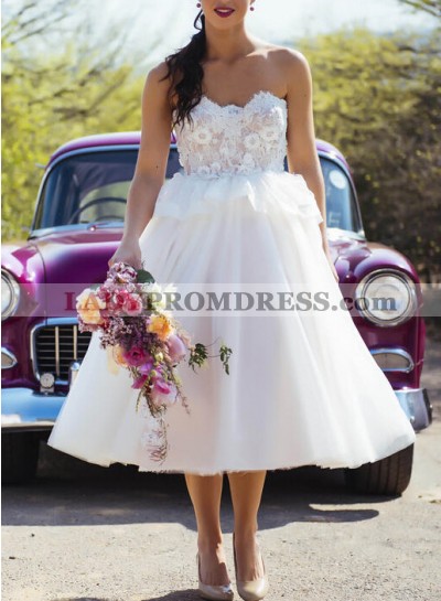 2023 A Line Cheap Tea Length Sweetheart With Lace Patterns Short Wedding Dresses