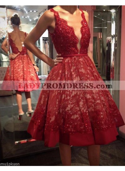 A-Line/Princess Short Red Lace 2023 Tea Length Prom Dresses