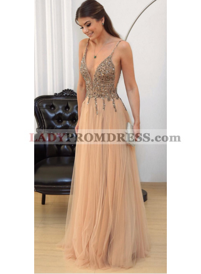 Charming A-Line/Princess Tulle Champagne Beaded V Neck Prom Dresses 2023