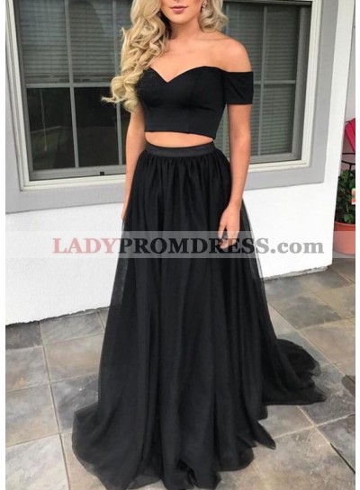 Cheap A-Line/Princess Black Two Pieces Off The Shoulder 2023 Prom Dresses