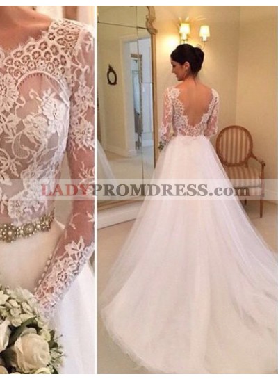 2023 Nice A Line Long Sleeves Backless Lace Wedding Dresses