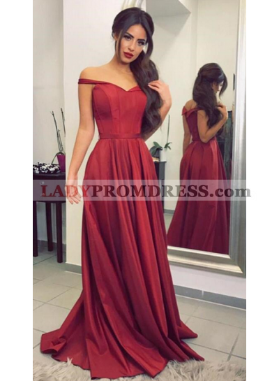 A-Line/Princess Burgundy Satin 2023 Off The Shoulder Prom Dresses
