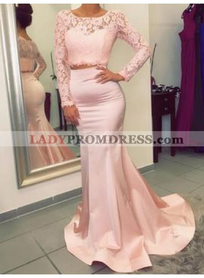Charming Trumpet/Mermaid Satin Two Pieces Long Sleeves 2023 Prom Dresses