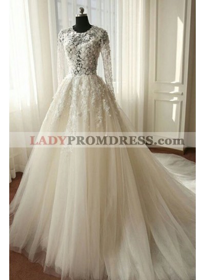 2023 Newest A Line Long Sleeves Tulle Wedding Dresses With Appliques