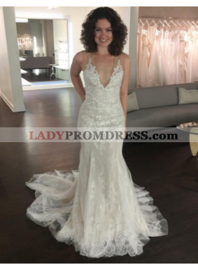 2023 Charming V Neck Sheath Lace Wedding Dresses