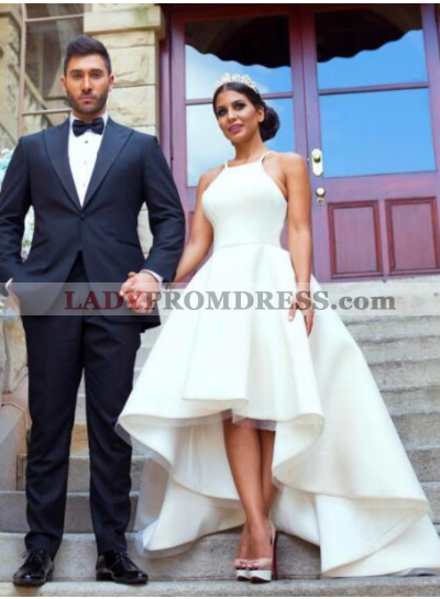 2023 Cheap A Line Satin Plain High Low Short Wedding Dresses