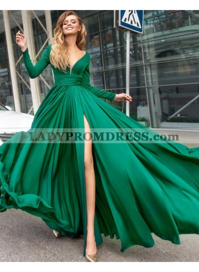 Elegant A-Line/Princess Long Sleeves Emerald Side Split 2023 Prom Dresses