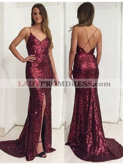 2023 Sheath Sweetheart Side Split Sequence Prom Dresses