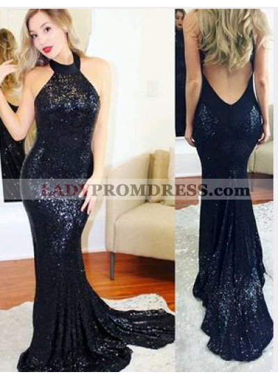 2023 Black Trumpet/Mermaid Backless Sequence Prom Dresses