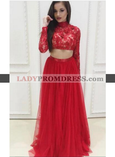 Red A-Line/Princess Long Sleeves Two Pieces Tulle Prom Dresses 2023