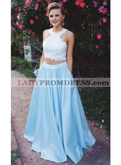 2023 New Arrival A-Line/Princess Satin Blue Two Pieces Prom Dresses