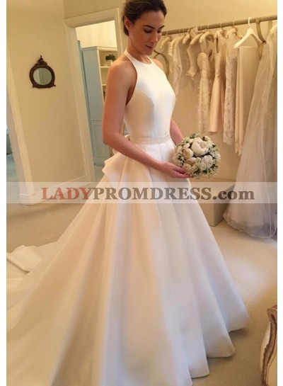 2023 Elegant A Line Satin Long Train Plain Wedding Dresses