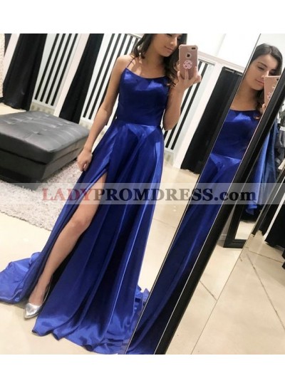 2023 Newly A-Line/Princess Side Split Haler Satin Royal Blue Prom Dresses