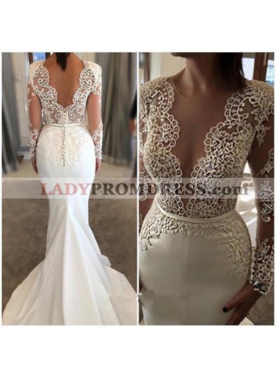 2023 Charming Mermaid Small Train Long Sleeves Lace Front Split Wedding Dresses