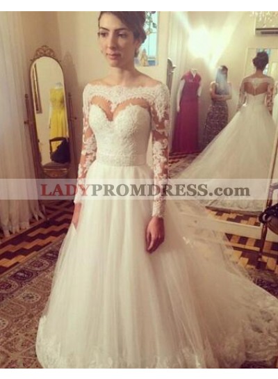 2023 A Line Tulle Sweetheart Long Sleeves Wedding Dresses