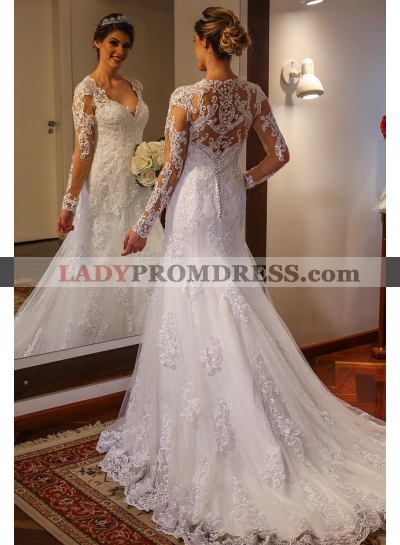 2023 A Line Long Sleeves Tulle With Appliques Sweetheart Wedding Dresses