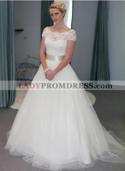 2023 Elegant A Line Tulle With Belt Capped Sleeves Wedding Dresses