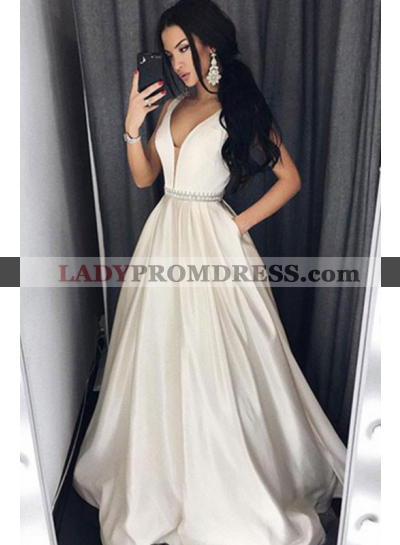 Cheap A-Line/Princess Sweetheart Satin Ivory Prom Dresses 2023