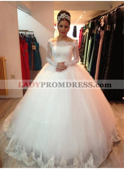 2022 White Long Sleeves Off The Shoulder Ball Gown Wedding Dresses
