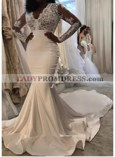 Sexy Mermaid Long Sleeves Satin And Lace 2023 Wedding Dresses