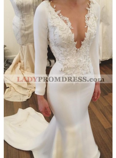 Sexy Mermaid Satin Split Front V Neck With Appliques 2023 Long Sleeves Wedding Dresses